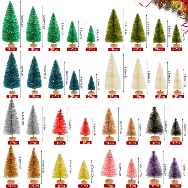 ONESING 50 Pcs Mini Xmas Tree, Bottle Brush Trees with Wooden Base Artificial Small Christmas Pine Tree 5 Sizes Tiny Pine Tree Christmas Sisal Snow Trees for Home Tabletop Christmas Decorations