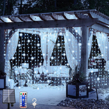 d Solar Curtain Lights Remote Control, Outdoor Garden Lights 300 LED 8 Modes Waterproof Solar Waterfall Fairy String Lights Decoration for Christmas Patio Garden Party Wedding (Cool White)
