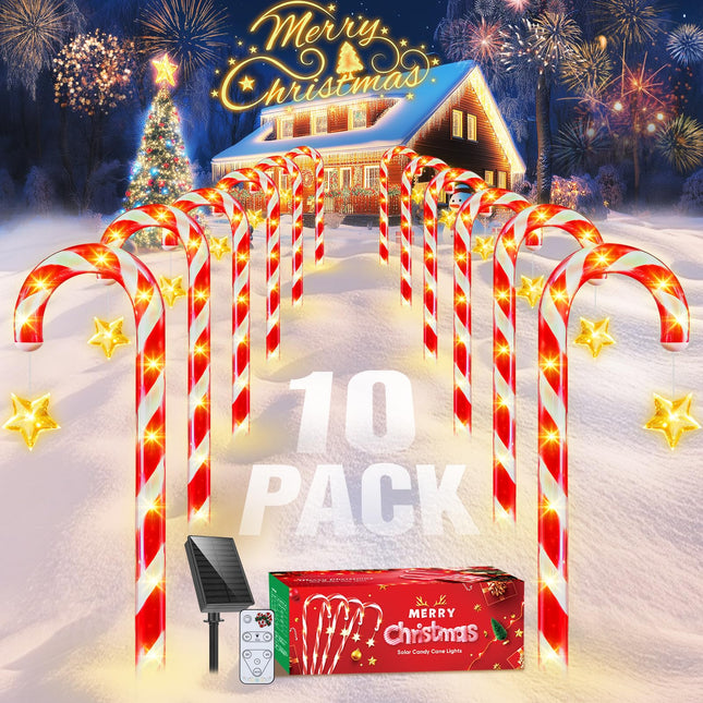 Outdoor Christmas Decorations: 10 Pack Candy Cane Solar Christmas Lights Outdoor Waterproof, Christmas Solar Lights Outdoor & 8 Flashing Modes for Outside Yard Christmas Decorations