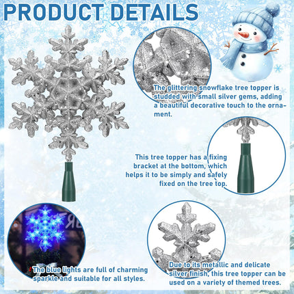 8.25 x 12.75 Inch Silver Snowflake Tree Topper Lighted Christmas Tree Topper with 10 Blue LED Lights 120v Plug in Glitter Christmas Star Tree Topper for Xmas Tree Indoor Home Office Decoration