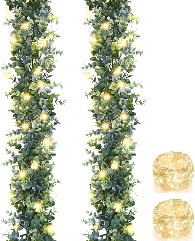 BLEUM CADE 2 Pack Faux Eucalyptus Garland with Lights, 5.9 FT Artificial Greenery Garland Fake Garland Hanging Eucalyptus Vines for Home Decor Party Home Table Decoration(Grey Green)