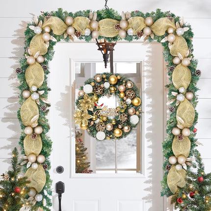5.9 FT Christmas Garland Decorations, Luxury Christmas Garland with Lights for Mantle, Christmas Flocked Garland with Ribbons Gold Ball Pinecones, Lighted Christmas Garland Decor