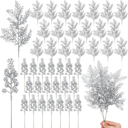 Cindeer 80 Pcs Christmas Glitter Berries Stems Pine Needles Christmas Artificial Picks Fake Floral Twig Spray for Xmas Tree Ornaments DIY Wreath Garland Decorations(Silver)