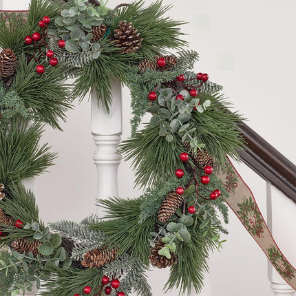 Christmas Wreath 16 Inch, Christmas Door Wreath with Pine Needles, Berry and Eucalyptus, Christmas Wreaths for Front Door Decor for Wall, Window or Mantel