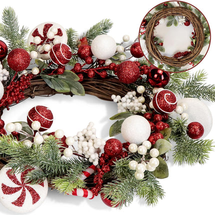 20-Inch Artificial Christmas Wreaths for Front Door Red Green White Winter Decorations with Xmas Baubles Ball Ornaments, Spiral Peppermint, Candy Canes, Holly Berries, Pine Greenery Branches (Candy)