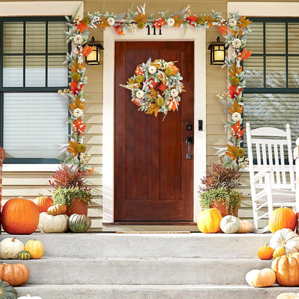 Adeeing 6 Ft Fall Garland, Autumn Pumpkin Garland with Maple Leaves Berries for Indoor Outdoor Thanksgiving Table Mantle Fireplace Home Decorations