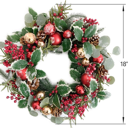 18 Inch Christmas Shatterproof Eucalyptus Pine Wreath for Front Door, Winter Green and Red Holly Berries Home Wreath, Xmas Home Decor Wreath with Christmas Balls