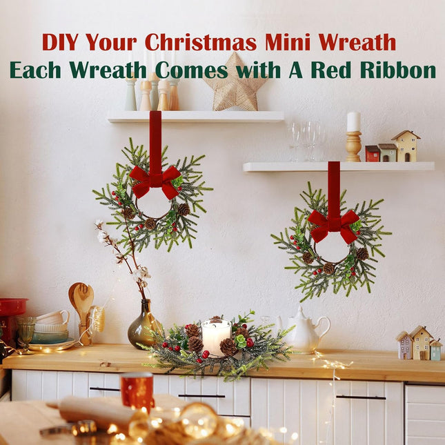 Mini Small Christmas Wreaths for Kitchen Cabinets-8pcs Christmas Candle Rings- Frosted Cedar Christmas Candle Rings Wreaths for Pillars/Window/Chair Wall-Christmas Table Centerpieces Decorations
