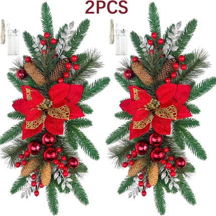 2PCS Christmas Teardrop Swag Christmas Wreaths 18'' Xmas Stairway Swag Wreath Artificial Christmas Swags Decorations for Front Door Indoor Outdoor Wall