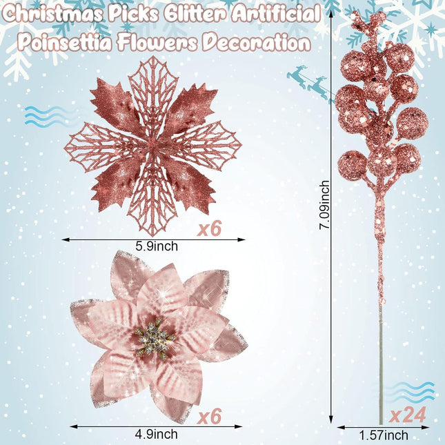 36 Pcs Christmas Poinsettia Flower 3 Styles Glitter Artificial Poinsettia Flowers Glitter Berries Stems Wedding Xmas Tree Flowers Ornaments for Christmas Party DIY Wreath Floral Decorations(Rose Gold)