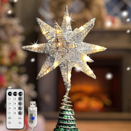 Christmas Tree Topper Star with Warm White 50 LED Lights, Star Tree Topper for Christmas Tree Tradition Moravian Decor, 11X 7.87 Inch with 5m Long Line, Estrella para Arbol De Navidad, Silver