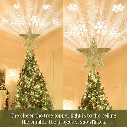 Christmas Star Tree Topper Projector, Lighted 3D Star Tree Top with Rotating LED Snowflake Projection, Glitter Gold Xmas Tree Decoration, Easy Setup for Holiday Home Christmas Party Decor