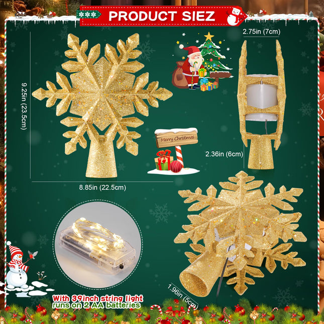 Christmas Tree Topper Lighted with 6 Type Projector,LED Rotating Christmas SnowflakeTree Topper Lights,3D Golden Glitter Snowflake Christmas Tree Decor for Xmas Home Decorations