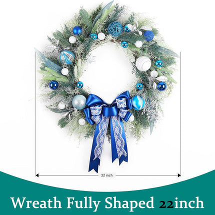 Prelit Christmas Wreath with Blue Bow and Ball Ornaments 22 Inch Christmas Wreath with Lights for Front Door Battery Operated Timer 40 LED Lights, Holiday Decoration for Fireplace Xmas Decor