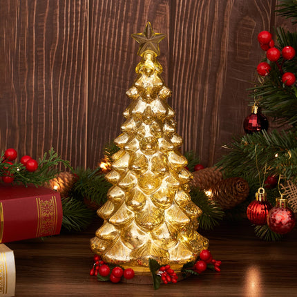 Mercury Glass Christmas Tree 11 Inches Battery Operated Timer Lighted Gold Xmas Star Trees Decorations Table Top Centerpiece Mantel Window Home Decor