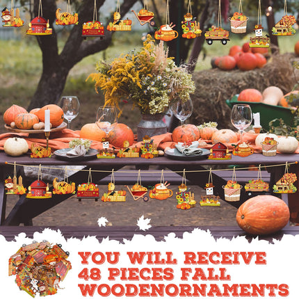 48 Pcs Fall Wooden Tree Ornaments Pumpkin Scarecrow Fall Mix Cutouts Carriage Haystack Thanksgiving Maple Leaves Wooden Decorations Autumn Hanging Signs for Halloween Party Tree