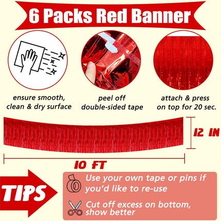 6 Pack 10 Feet Foil Fringe Garland Metallic Tinsel Banner Wall Hanging Curtain Streamers Backdrop for Parade Floats Bachelorette Wedding Birthday Party Thanksgiving Christmas Decorations(Red)