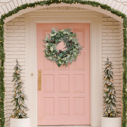 24" Christmas Wreath with Pine Cones White Berries, Winter Eucalyptus Artificial Faux Evergreen Wreath Greenery Decoration for Front Door Window Home Wall Farmhouse Holiday Outdoor Indoor Décor