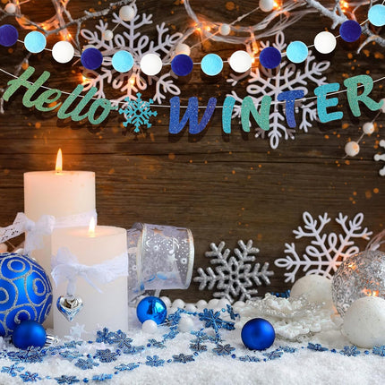 5 Pcs Winter Garland Decorations Hello Winter Banner Winter Felt Garlands Snowman Gnome Decorations Hanging Christmas Winter Decoration for Birthday Christmas Party Decor