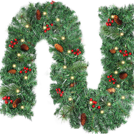 LOMIMOS 9FT Christmas Lighted Artificial Garland, Xmas Battery Operated Green Rattan with 50 Lights Pine Cones Red Berries for Fireplace Stair Mantle Indoor Outdoor Home Fireplace Porch Decoration(A)