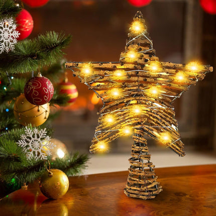 Christmas Tree Toppers,12-Inch Rustic Rattan Christmas Star 20 LED Lighted Party Indoor Decor for Christmas Tree