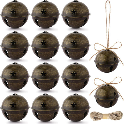 12 Pieces Large Size Christmas Bells 3.15 Inch Jumbo Bells Sleigh Bells Star Cutout Bells Ornaments with Ribbon for Christmas Tree Wreath Decorations (Brass)