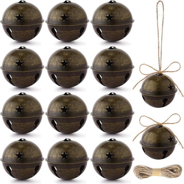 12 Pieces Large Size Christmas Bells 3.15 Inch Jumbo Bells Sleigh Bells Star Cutout Bells Ornaments with Ribbon for Christmas Tree Wreath Decorations (Brass)