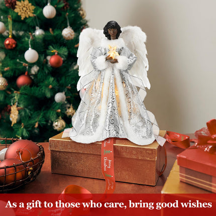 12 Inch Black Angel Christmas Tree Topper Standing African American Black Angel Figurines Treetop for Decoration(White, Cute Style)