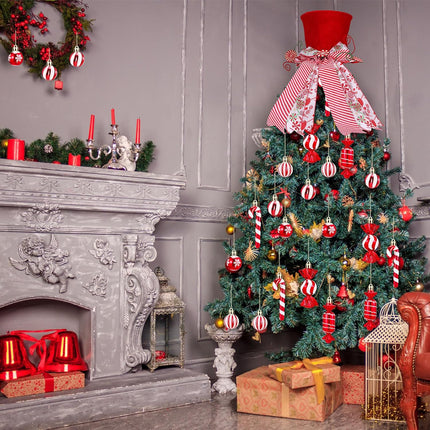 Liliful 25 Pcs Christmas Tree Topper Decor Set Christmas Candy Canes Tree Topper Red Hat with Peppermint Striped Bow Ribbon and Lollipop Hanging Balls for Holiday Christmas Party Tree Decor