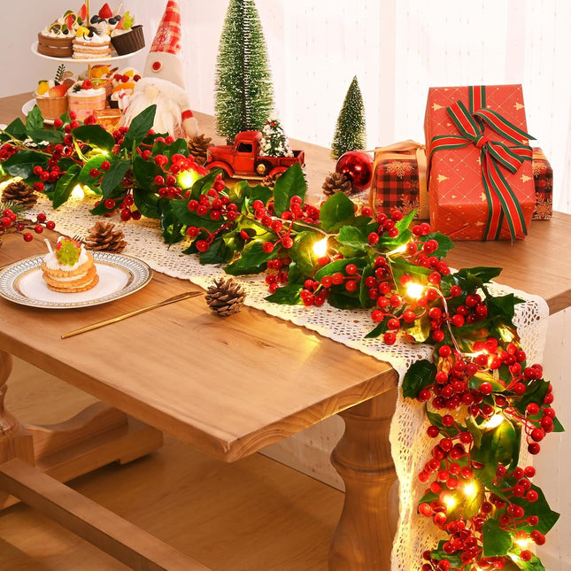 Christmas Garland Decorations, 2 Pack 5.6Ft Realistic Christmas Holly Red Berry Garland for Home Fireplace Mantle Table Stairs Railing Christmas Tree Indoor Outdoor Decor