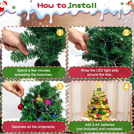 Mini Christmas Tree with Lights, 24'' Tabletop Christmas Tree with Abundance of Ornaments, Small Christmas Tree for Bedroom, Living Room, Fireplace, Dining Table, Perfect Christmas Decor