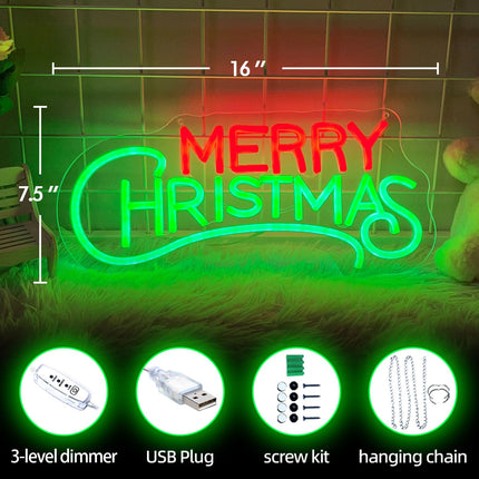 Merry Christmas Neon Sign - Acrylic Christmas Neon Signs, Red Green LED Christmas Lights Sign for Wall Decor Best s Christmas Party Kids Room Year, USB Powered,16'' × 7.5''