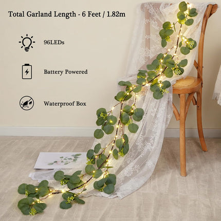 Waipfaru Christmas Decoration Indoor - 6FT Eucalyptus Garland with Timer, Artificial Christmas Greenery Cedar Tree Garland for Mantle Fireplace Outdoor Xmas Decor (Eucalyptus)