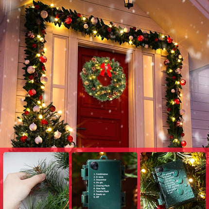 24 Inch Pre-Lit Handcrafted Christmas Wreath for Front Door, IP44 Battery Operated 50 LED Christmas Wreaths, Decor with Pinecones Pine Needles Branches Red Berry Mini Bow, Wreaths for Door Wall Window