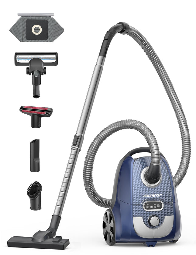 Aspiron Canister Vacuum Cleaner, 1300W Bagged Canister Vacuum, Turbo Brush, 5 Tools, 3.7Qt, H13 Hepa Filter, Automatic Cord Rewind, Vacuum Cleaner For Carpets, Hardwood Floors, Pet Hair, Blue