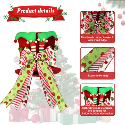 Christmas Tree Topper Hat with Bow, Red Velvet Top Hat Ornament with Elf Legs and Red & Green Polka Dot Bow, Winter Holidays Xmas Decor for Home Decoration