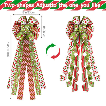 Grinchy Christmas Tree Topper Bow - 45'' x 13'' Large Glitter Polka Dot Wreath Bow with Peppermint Pattern Edge - Christmas Tree and Wreath Decor, Christmas Wired Ribbon Bow Decorations