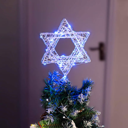 Rattan Star of David Chanukah Christmas Tree Topper, with Blue LED String, Wire Weaving, Battery Powered, 7'' Star Tree Topper for Diwali, Birthday, Wedding, Parties & Home