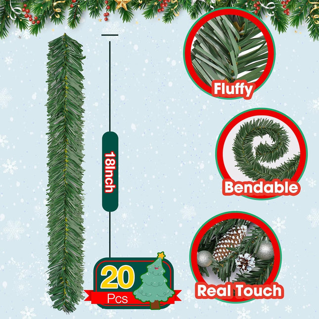 20 Pcs Christmas Garland Ties 18 Inch Artificial Pine Needles Faux Pine Green Twist Ties for Banister, Christmas Tree Branches for Xmas Holiday Decoration Craft Wrapping