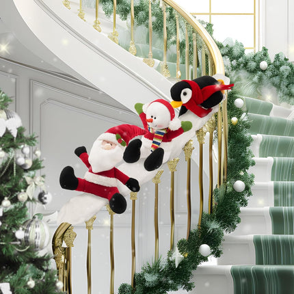 Lighted Christmas Stairs Decorations Railing Banister Set Christmas Garland for Stairs Sliding Stuffed Penguin Santa Snowman Banister on Snow Handrail for Staircase Decoration Holiday Snow Surfing Set