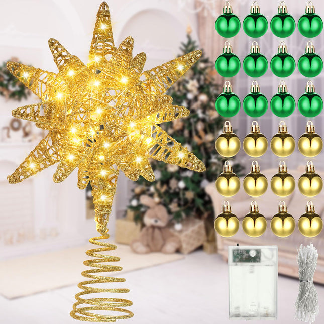 Poen 26 Pcs Christmas Tree Decoration Set,11.8" Gold Christmas Star Tree Topper 33 ft 80 LED Lights and 24 Pcs Mini Xmas Hanging Balls Ornament for Winter Holiday Christmas Decor(Gold, Green)