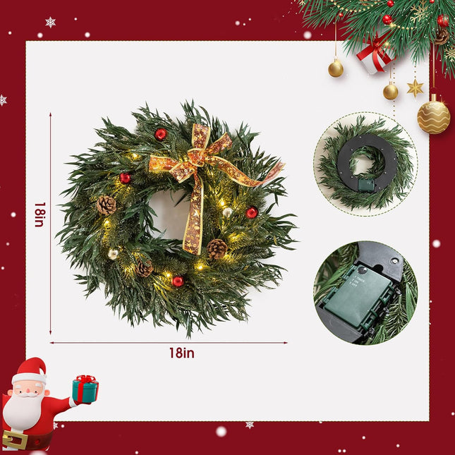 Christmas Wreath with 25 Led Lights, Battery Operated Prelit Outdoor Christmas Wreath with Bows Balls Pine Cones 18" Artificial Christmas Wreaths for Front Door Windows Fireplace Christmas Decorations