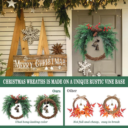 Christmas Wreath with Boho Bells - 20 Inch Farmhouse Christmas Artificial Pine Wreaths for Front Door - Winter Rattan Door Wreath with Pine Cone for Christmas Decor