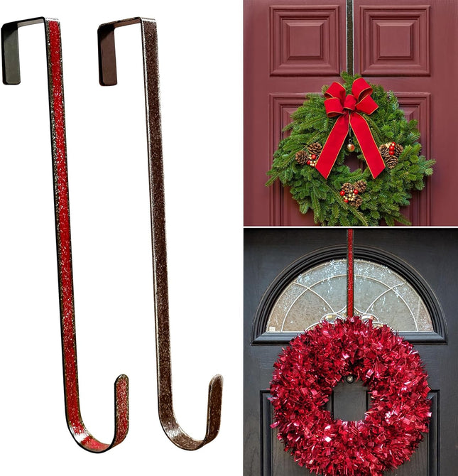 2 Pack Handmade Wreath Hangers for Front Door, Christmas Decoration Metal Over The Door Wreath Hanger Ornament, Wreath Hooks for Front Door(Brown&Red)