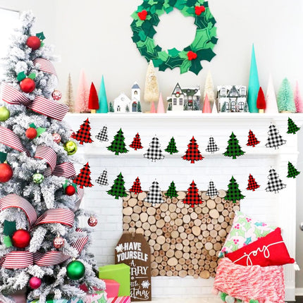 2 Pieces Felt Christmas Tree Garland Banner for Christmas Decorations, Buffalo Plaid Garland for Christmas Tree, Christmas Hanging Decorations for Mantle Fireplace Home Decor