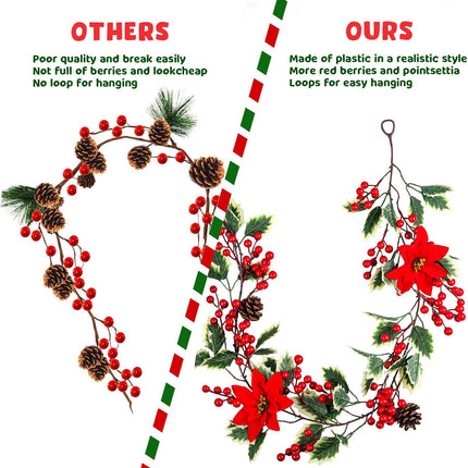 Mocoosy 6.3FT Red Berry Christmas Garland with Pine Cones and Poinsettia, Artificial Berries Garland Poinsettia Christmas Decorations for Indoor Outdoor Fireplace Winter Holiday Xmas Home Decor