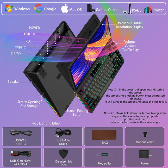 Kwumsy K3 Touchscreen Gaming Mechanical Keyboard -13"Portable Multifunctional Split Keyboard, US 82Keys RGB LED Backlit N-Key Compact Keyboard, Plug and Play for Windows Mac,75° Foldable Screen Angle.
