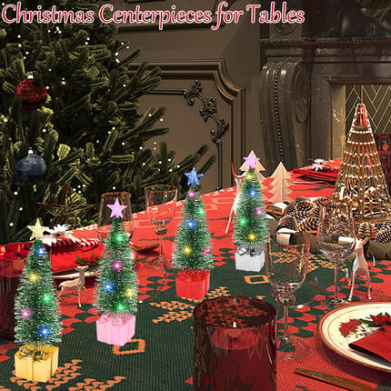 Christmas Decorations Mini Christmas Tree with Lights, 4 pcs Christmas Decor Indoor, Small Christmas Tree, Christmas Village Trees with String Lights for Home Party Table, Christmas Craft with Star
