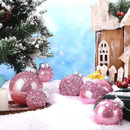 Civaner 24 Pcs Glitter Christmas Ball Ornaments Set 3.2'' 2.4'' 1.6'' Christmas Tree Ornaments Hanging Sequin Shatterproof Balls for Xmas Tree Wreath Garland Christmas Home Decor(Pink)