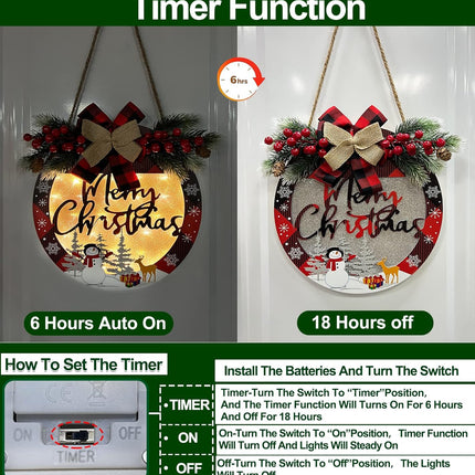 [Pre-Lit & Timer] Merry Christmas Wreath Sign for Front Door Sign with Lights Christmas Decorations Battery Operated Buffalo Plaid Bow Snowflake Snowman Decorated Window Wall Home Decor Xmas Farmhouse